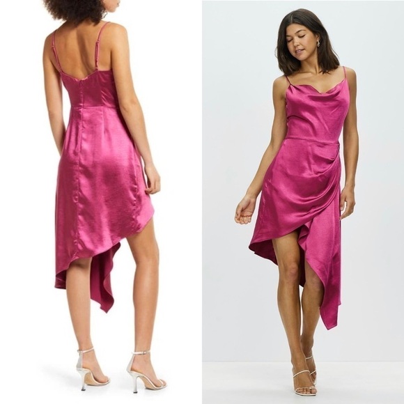 NWT ELLIATT 70s Satin Cowl Neck Sleeveless Asymmetrical Wrap Hem Draped Dress S - Picture 2 of 10